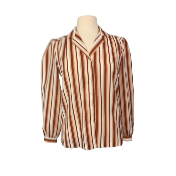 Fire Islander Vintage Womens Brown White Striped Secretary Blouse, Shirt 38 bust - Picture 1 of 8